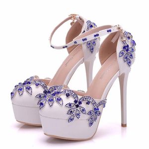 Sandaler Kvinnor Wedding Party PU Rhinestones Buckle Strap 14cm tunna höga klackar Rund tå Zapatos de Mujer skor Storlek 35-42