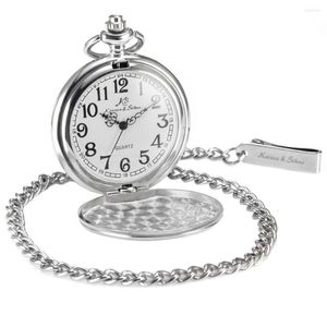 Pocket Watches 2023 Märke Vintage Silver Smooth Case White Dial Analog Quartz Relogio Key Long Chain Pendant Men Watch Jewelry Gift