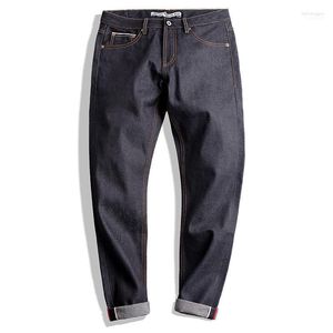 Mäns jeans herrar klassiska smala rak fit indigo selvedge denim hiphop mäns