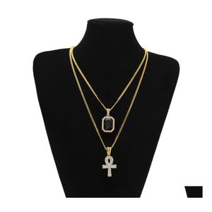 Naszyjniki wiszące męskie Egiptian Ankh Key of Life Naszyjnik Zestaw Bling Iced Out Cross Mini Gemstone złoty łańcuch dla kobiet Hip Hop J ot7hk