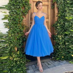 Party Dresses Sevintage Elegant Blue Tulle Prom V-Neck Spaghetti Strap A-Line -Length Evening Gowns Short Wedding Dress 2023