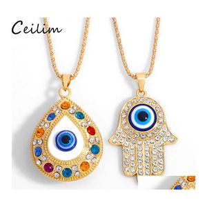 Colares com Pingente Turquia Evil Blue Eye Colar Camisola Cadeia Jóias Cristal Fátima Mão Para Mulheres Drop Delivery Pingentes Ot5Gm