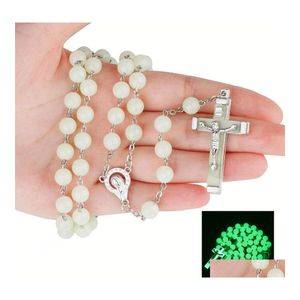 Anhänger Halsketten Glow in the Dark Kreuz Rosenkranz Halskette für Frauen Leuchtende katholische Perlen Religiöse Jesus Kruzifix Schmuck Drop Del Otsxt