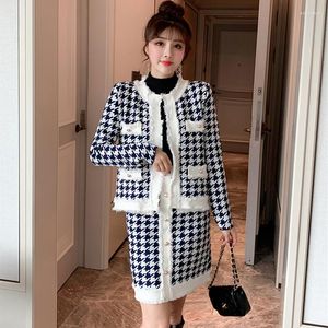 Work Dresses YiLin Kay 2023 Autumn Winter Houndstooth Tassel 2 Piece Set Women Knitted Long Sleeve Jacket Coat Mini Pencil Skirt Suits