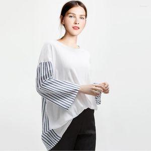 Women's T Shirts Round Neck Pullovers T-shirt Women Basic Stripe Patchwork Long Sleeve Casual Style Loose Female Comfortable Tops Spring