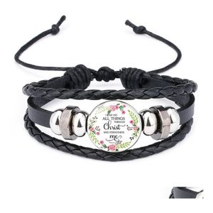 Braccialetti con ciondoli Moda Bibbia cristiana Lezione in pelle per le donne Cristiane Scritture Vetro Tempo Gemma Cabochon Bracciale Gioiello religioso Otn3B