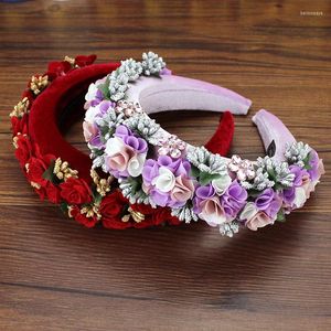 ヘアジュエリー自由hoho手作り紫色の赤いローズフラワーヘッドバンドパッド付きヘッドドレスクリスタルヘアバンド女性結婚式のティアラアクセサリー