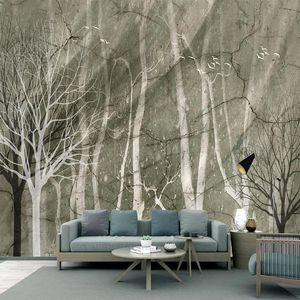 Tapeten Benutzerdefinierte 3D-Wandgemälde Nordic Handgemalte Retro-Schwarz-Weiß-Wälder Baumzweige Wohnzimmer Sofa Hintergrund Wasserdichte Tapete