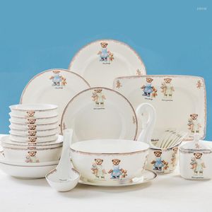 Dinnerware Sets 25pcs Set Real Bone China Cute Bear Painting Dinner Chafing Dish Plate Ceramice Kitchen Containers Serve
