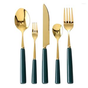 Servis uppsättningar lyxigt grönt guldbestick med gaffel för gaffelskedbord