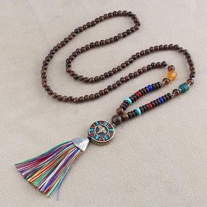 Pendant Necklaces Unisex Handmade Nepal Buddhist Mala Wood Beads Necklace Boho Hippie Style Ethnic Long Men Women's Lucky Jewelry