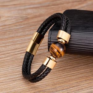 Bracelets de charme Yishucha Trendy Bracelete de couro genuíno redondo pedra natural para homens homens tigre olho pangueiras de jóias