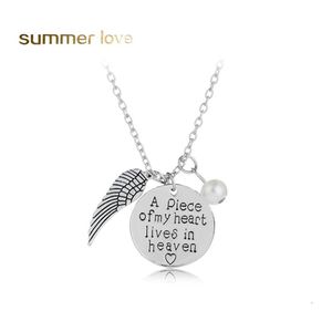 Pendant Necklaces A Piece Of My Heart Lives In Heaven Personalized Handwriting Necklace Vintage Sier Memory Angel Wing Remembrance F Otm8R