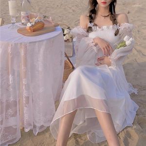 Casual Dresses 2023 Summer Elegant Fairy Dress Female Beach One Piece Korean Chiffon Lace French Vintage Midi Dess Women Chic