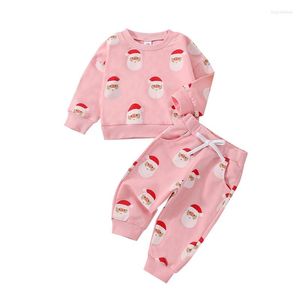 Kleidungssets 2023 Mädchen Jungen Weihnachtshosen Set Weihnachten Niedlicher Weihnachtsmann-Druck Langarm-Sweatshirt mit Rundhalsausschnitt und elastischer Taille Jogginghose