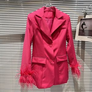 Women's Suits Women Blazer Ostrich Hair Single Breasted Full Sleeve Shoulder Padded Ladies Suit Coat Long Women's Slim Jacket