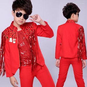 Stage Wear 2023 Jazz Costume Red Sequined Long Sleeve Coat Jacket Boys Street Dance Clothes Children Hip Hop Outfit Performance DN2966