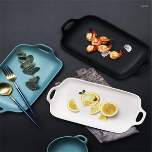 Plates European Retro Salad Tray Home Ceramic Baking Plate With Handle Rectangular Dessert Tableware Dish Kitchen Supplies