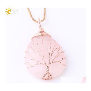 Pendant Necklaces Tree Of Life Necklace Gold Color Wire Wrap Natural Stone Gem Pink Quartz Tiger Eye Green Aventurine Suspension 408 Dh12M