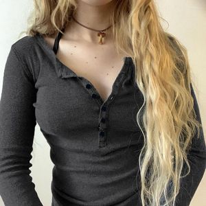 Women's T Shirts Vintage Long Sleeve Tshirt Women Knitted Button Up Solid Color Round Neck Slim Fit Bodycon Shirt Tops Elegant Office Lady
