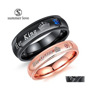 Band Rings Promise Couple Her King His Queen Crown Charm Letter Ring Unique Lover For Women Men Drop Delivery Jewelry Dhq61
