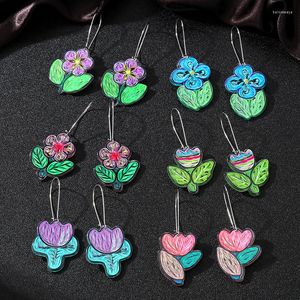 Hoopörhängen söt färgglada blomma växtmönster för kvinnor koreansk akryl oljemålning epoxy hänge örhänge smycken