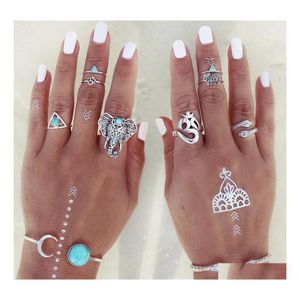 Кольца Band Fashion 8pcs /Set Boho Retro Finger Knuckle Слон -змея бирюзовый