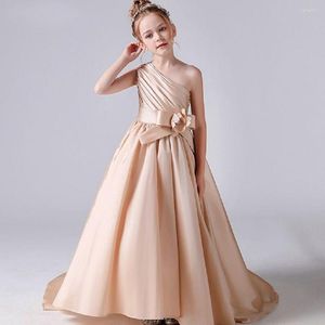 Girl Dresses Champagne Satin Flower One Shoulder Wedding Party Dress Ball Gown Princess Formal