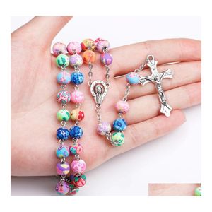 Colares pendentes Religi￣o Cross Ros￡rio para mulheres colorf Soft y Mincha￧￵es longa Cadeia Virgem Mary Jewelry Drop Pingents Ot1a5