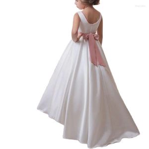 Flickaklänningar White First Communion Formal A-Line Long Sleeve O-Neck Flower With Bow Sash Vestidos de Comunion Para Ninas