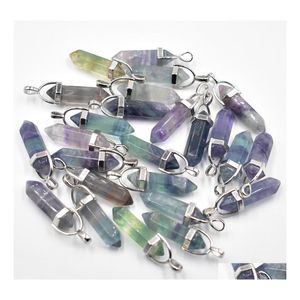 Artes e artesanato Moda por atacado de boa qualidade Fluorite Stone Pilar Charms Point Chakra Pingents for Jewelry Making Drop De Dhcdy