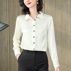 Kvinnor Bluses Office Lady Work Shirts Spring Autumn Basic Shirt Elegant Turn-Down Collar Long Sleeve Women's Tops Real Silk Blus