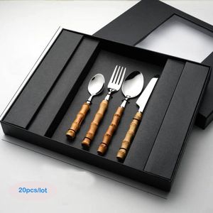 Dinnerware Sets 20Pcs Bamboo Handle Tableware Set Stainless Steel Gold Nature Steak Knives Forks Dessert Spoons Kitchen Cutlery