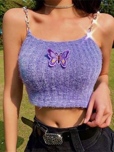 Women's Tanks Knitted Butterfly Embroidery Cropped Camisole Top 2023 Summer Basic Purple Tops Sexy Slim Party Club Wear Female