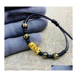 Link Chain Unisex Obsidian Stone Bracelet Rope Wristband Gold Animal Wealth Health Rich Good Luck Beads Bracelets For Women Men Dro Dhymp