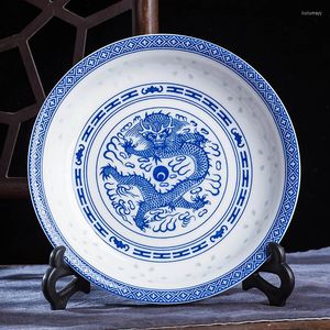 Piatti Piatto piano in ceramica di porcellana blu e bianca di Jingdezhen Utensili da cucina vintage con motivo drago cinese