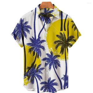 Men's Casual Shirts 2023 Men's Coconut Tree Print Hawaiian Summer Fashion Loose Linen Short Sleeve Beach Tops 5xl