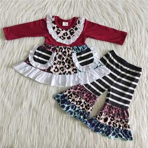 Clothing Sets Wholesale Children Baby Girl Clothes Red Long Sleeve Leopard Set Kid Pocket Shirt Striped Splicing Bells Pants Winter Outfit