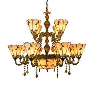Chandeliers 12 Heads Chandelier Stained Glass Large Warm Green Leaves Style Crystal Pendant Lamp For Lobby Living Room