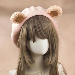 Basker japansk stil lolita flickor söta björn öron beanies kvinnor casual basker hatt målare konstnär cap dekorberets