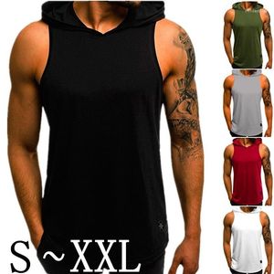 Camisetas masculinas 2023 Moda de cor sólida com malha sem mangas com capuz com capuz fitness lazer camiseta preta branca mass de verão tops de verão