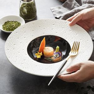 Tallrikar Creative Ceramic Western Noodle Soch Straw Hat Plate Luxury Black and White Home Round Fruit Salad Dessert Table Seary