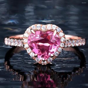 Cluster Rings Love Heart Pink Crystal Gemstones Diamonds For Women 18K Rose Gold Color Fashion Bijoux Bague Jewelry Engagement Gifts