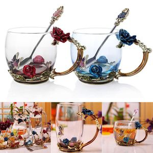 Cups Saucers Emaille Coffee Tea Tasse Tasse 3d Rose Schmetterling Glas Hochzeitsgeschenk-