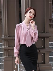 Women's Blouses Long Sleeve Pink Shirt Women Autumn 2023 Loose Casual Bow Ribbon OL High Quality Light Green Fashion Office Ladies Tops