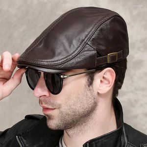 Berets Berets Berets 2023 Men Street Bonnet Leather Leather Beret Top Cowwhide Male Thin Thin Hats 5560cm قابلة للتعديل إلى الأمام قشّة ترفيهية للبط