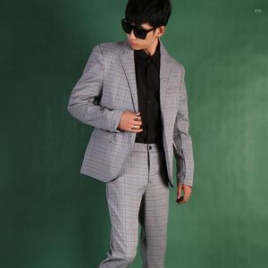 Mäns kostymer 2023 Mens Wedding Groom Grey Plaid Suit England Korean Male Slim Nine Pants 2 PCS Men Nightclub Costumes M-4XL