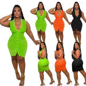 Casual Dresses Plus Size Pleats Sleeveless Women Dress Solid Deep V Neck Split Single-breasted Sexy Bodycon Nightclub Wear