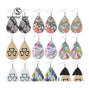 Dangle Chandelier Unique Design Heart Leaf Flower Print Leather Teardrop Earrings For Women Water Drops Faux Pu Christmas Drop Del Dhdlh