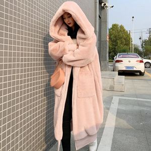 Futro damskie Wysokiej jakości wysokiej jakości Faux Płaszcz Kobiety Moda gruba z kapturem ciepła zamek błyskawiczny Fluffy Furry Jacket Big Pocket Overcoat Street